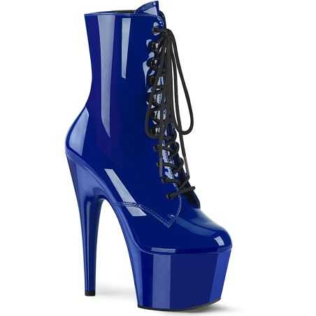 Bottines vernies bleues de pole dance Pleaser Adore 1020 à talons stiletto et fini laqué brillant.