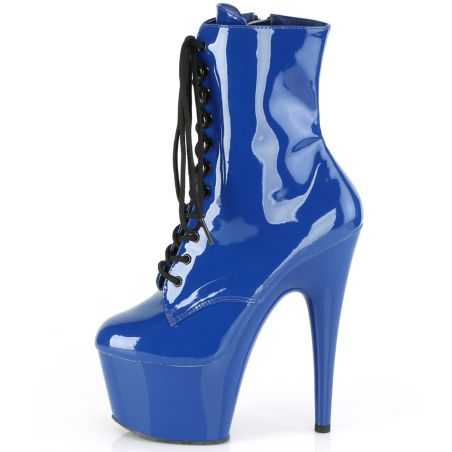 Bottines de scène bleu électrique en vinyle avec fermeture éclair latérale pour spectacles et drag.