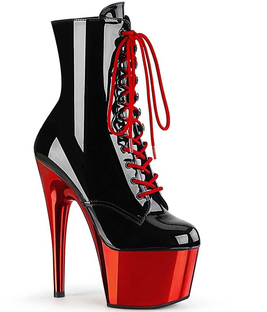 Bottines vernies noires de pole dance Pleaser Adore 1020 à talons aiguilles et plateformes rouges. Bottines vernies noires de pole dance Pleaser Adore 1020 à talons aiguilles et plateformes rouges.