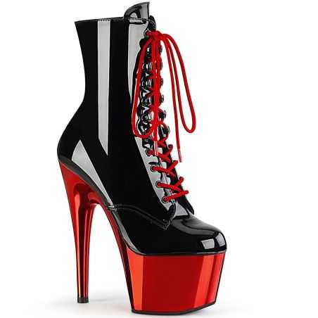 Bottines vernies noires de pole dance Pleaser Adore 1020 à talons aiguilles et plateformes rouges.