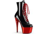 Bottines vernies noires de pole dance Pleaser Adore 1020 à talons aiguilles et plateformes rouges. Bottines vernies noires de pole dance Pleaser Adore 1020 à talons aiguilles et plateformes rouges.
