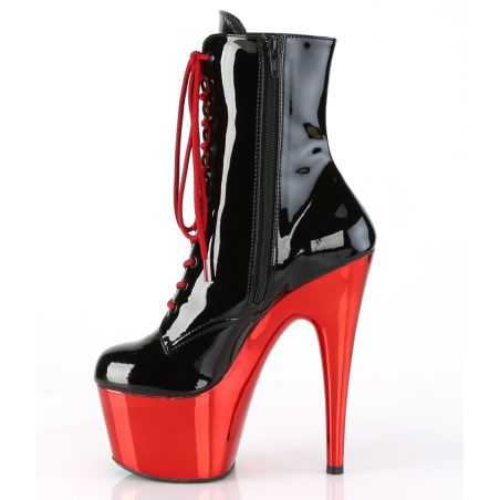 Bottines de scène noir et rouge en vinyle style pin-up avec zip latéral pour spectacles drag.