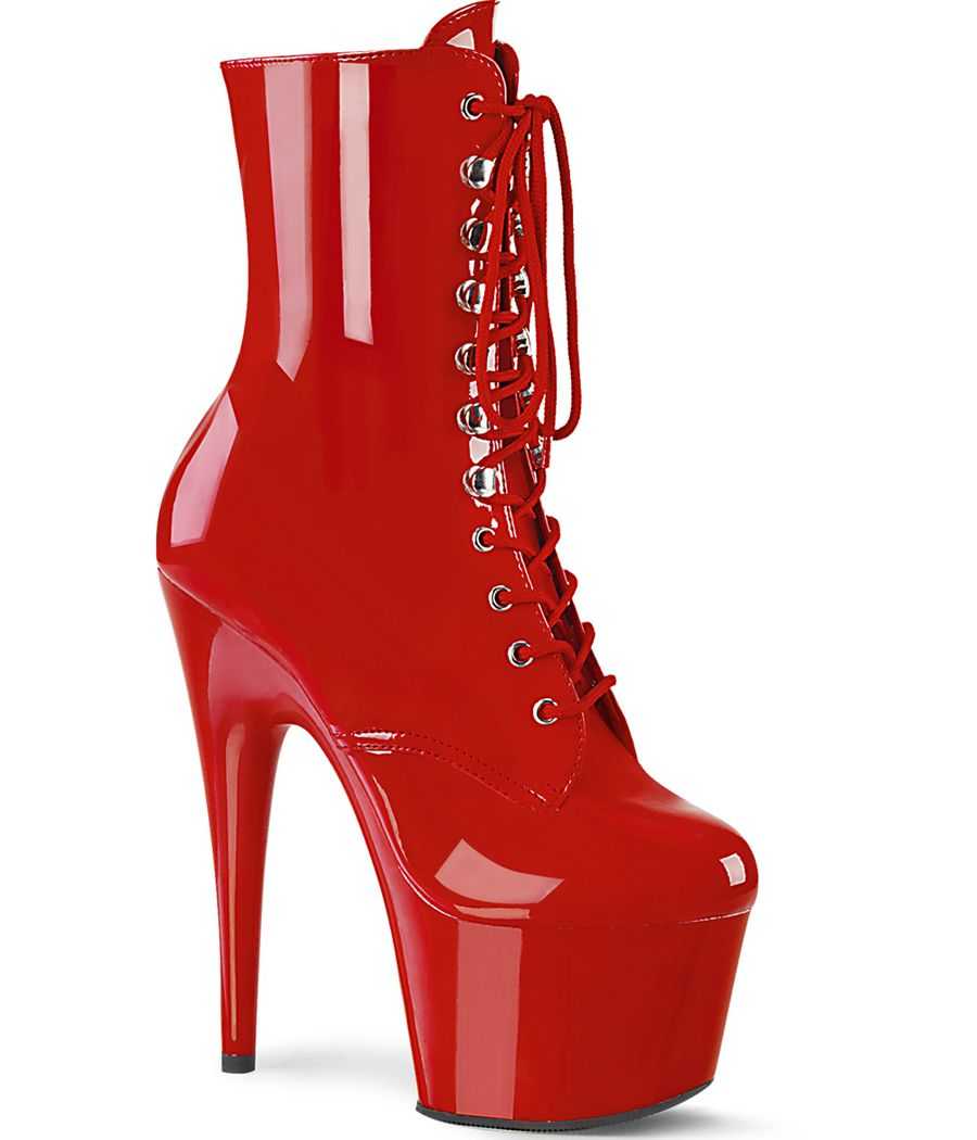 Bottines vernies rouges de pole dance Pleaser Adore 1020 à talons aiguilles et laçage frontal. Bottines vernies rouges de pole dance Pleaser Adore 1020 à talons aiguilles et laçage frontal.