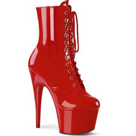 Bottines vernies rouges de pole dance Pleaser Adore 1020 à talons aiguilles et laçage frontal.
