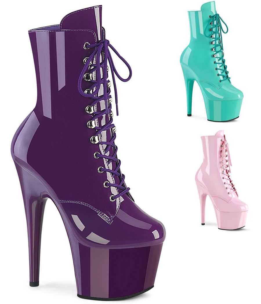 Bottines de pole dance de luxe Pleaser Adore 1020 à talons hauts de 17cm, plateformes et laçage frontal intégral LBDHT.