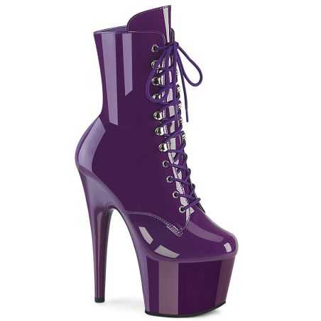 Bottines vernies roses de pole dance Pleaser Adore 1020 à talons stiletto et fini laqué brillant.