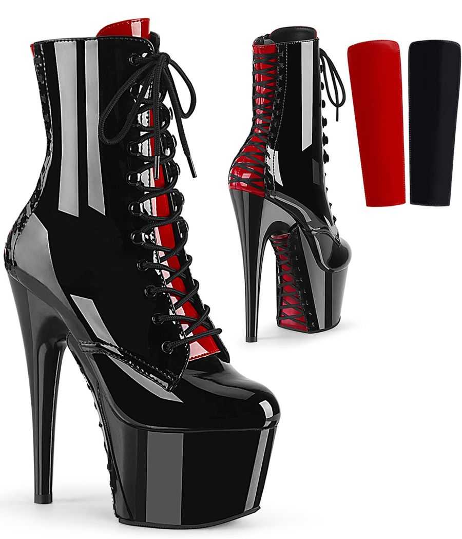 Bottines à plateforme noir vernis avec languette réversible rouge et noir Bottines à plateforme noir vernis avec languette réversible rouge et noir