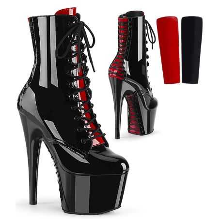 Bottines à plateforme noir vernis avec languette réversible rouge et noir