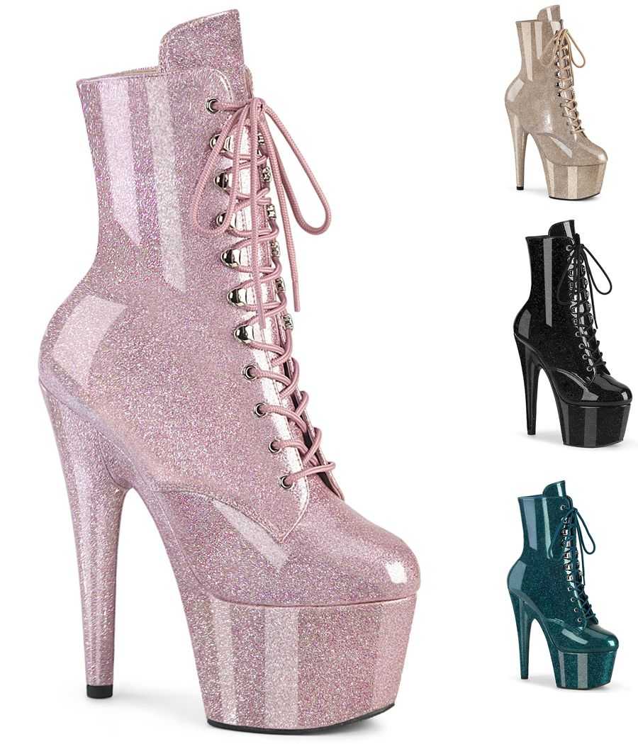 Bottines plateforme en vernis pailleté à lacets et zip latéral talon 18 cm