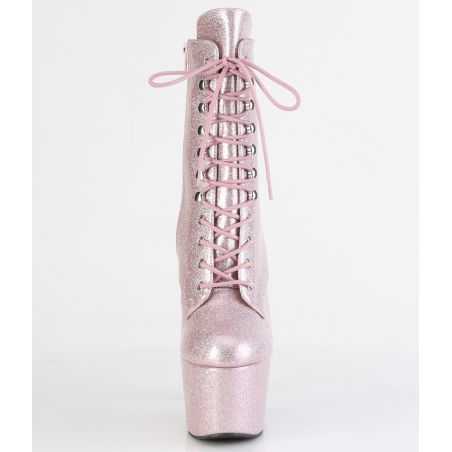 Bottines pole dance rose verni et paillettes talon 18 cm