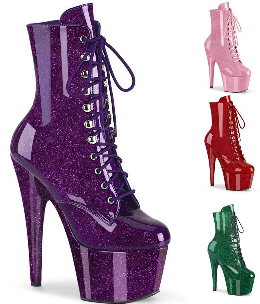 Bottines plateforme en vernis pailleté à lacets et zip latéral talon 18 cm