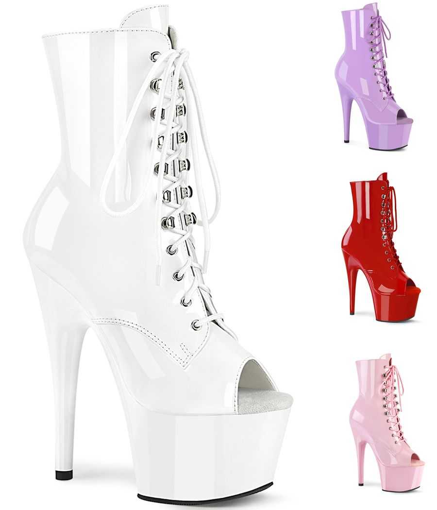 Bottines plateforme bout ouvert en vernis coloré avec lacets et zip latéral talon 18 cm