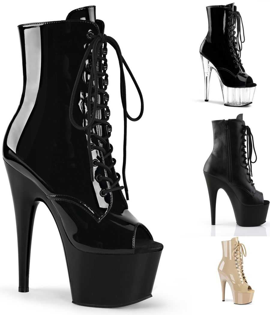 Bottines plateforme bout ouvert en vernis et mat avec lacets et zip latéral talon 18 cm