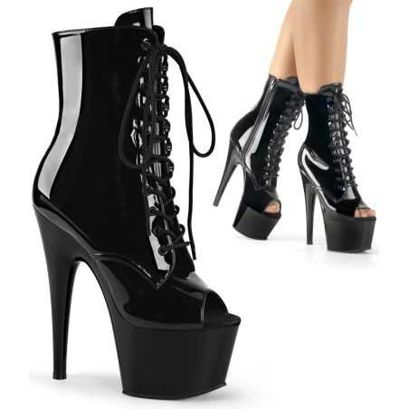 Bottines à plateforme noir verni bout ouvert haute brillance