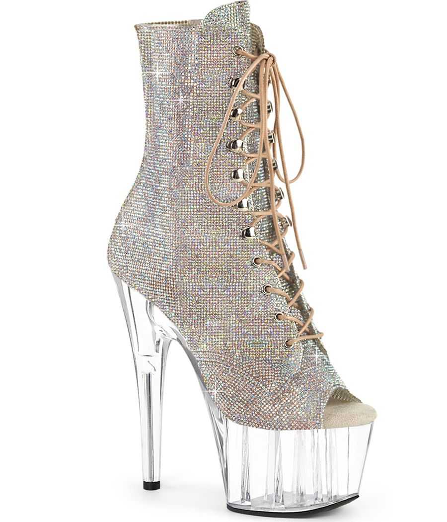 Bottines à plateforme bout ouvert ornées de cristaux brillants et strass Bottines à plateforme bout ouvert ornées de cristaux brillants et strass
