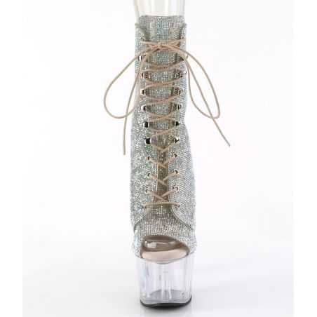 Bottines pole dance strass argentés bout ouvert talon 18 cm