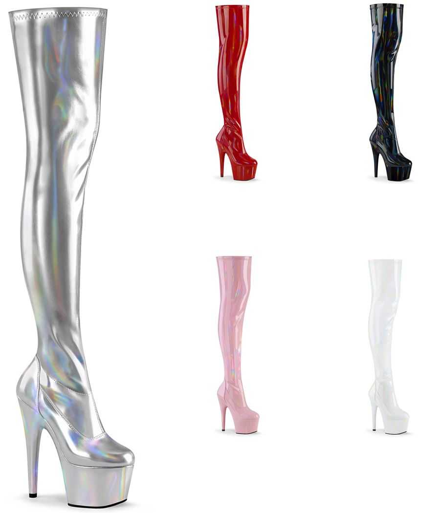 cuissardes-plateforme-18cm-holographiques-argent-blanc-noir-rouge-et-rose-adore-3000hwr-pleaser
