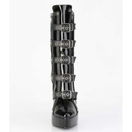 Bottines noires fétiches Devious Indulge 1038 à talons fins vertigineux et revers interchangeables.