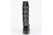 Bottines noires fétiches Devious Indulge 1038 à talons fins vertigineux et revers interchangeables. Bottines noires fétiches Devious Indulge 1038 à talons fins vertigineux et revers interchangeables.