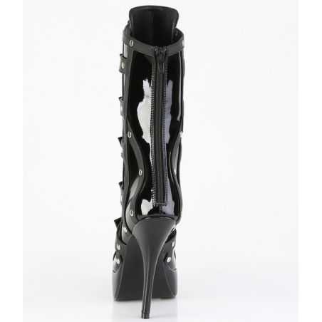 Bottines fétichistes noires de créateur au design modulable pour spectacles de cabaret et drag.