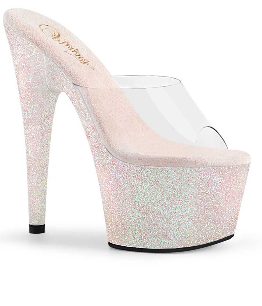 Mules transparentes à plateforme mini glitter holographique rose saumon talon 18 cm Pleaser ADORE-701HMG