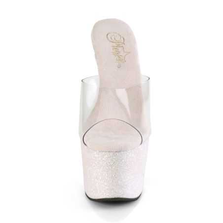 Mules à bride translucide et semelle compensée scintillante pailletée rose saumon aux reflets holographiques