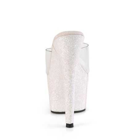 Mules épurées à très haut talon 18 cm et micro-paillettes holographiques captant la lumière