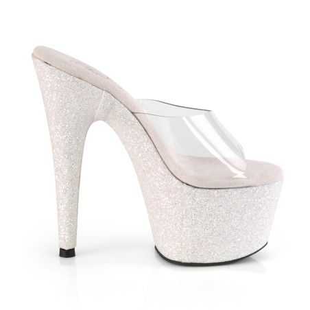 Mules glamour à tige invisible et plateforme glitter saumon pour habiller une tenue de spectacle ou de soirée