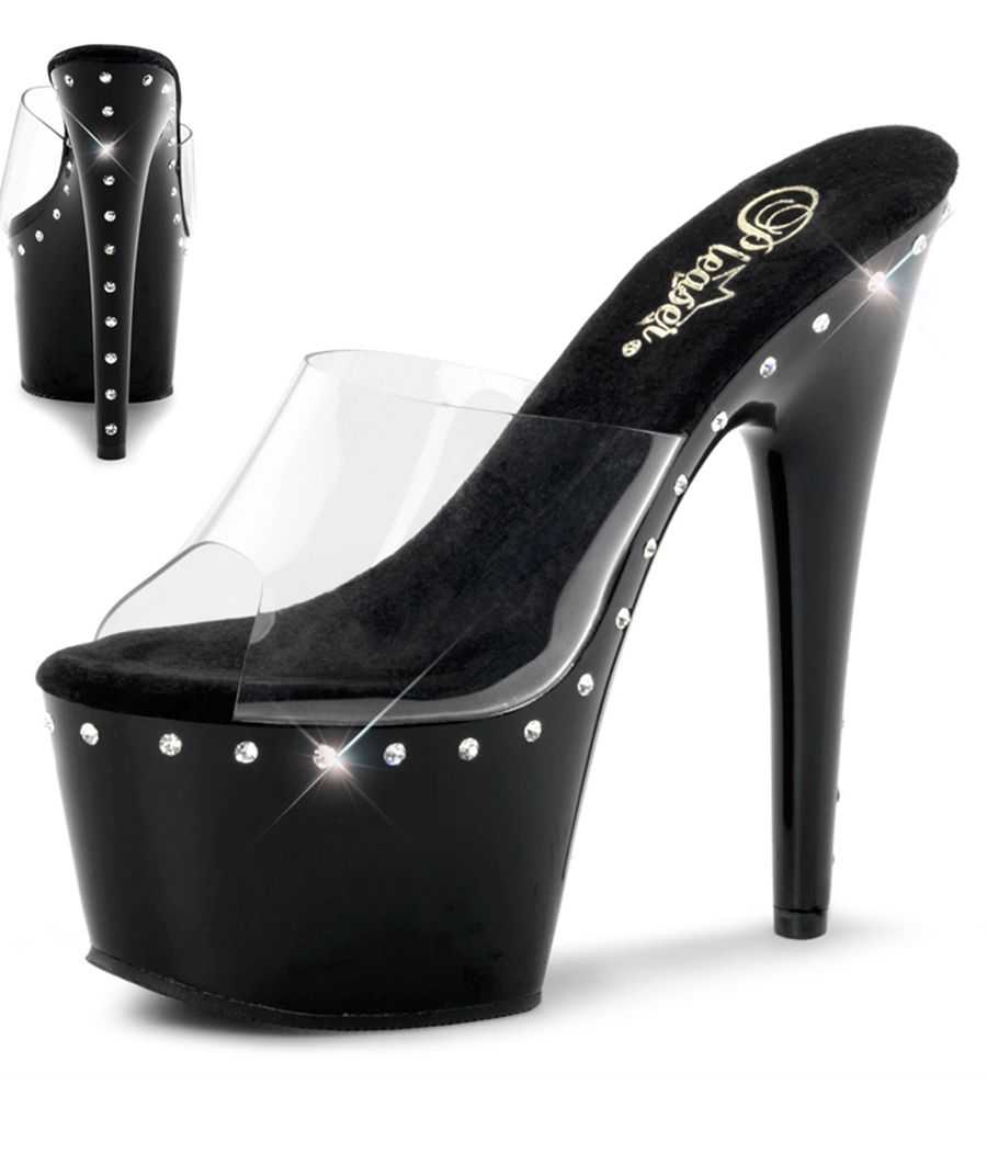 Mules transparentes à plateforme et talon ornés d'une ligne de strass argent talon 18 cm Pleaser ADORE-701LS Mules transparentes à plateforme et talon ornés d'une ligne de strass argent talon 18 cm Pleaser ADORE-701LS