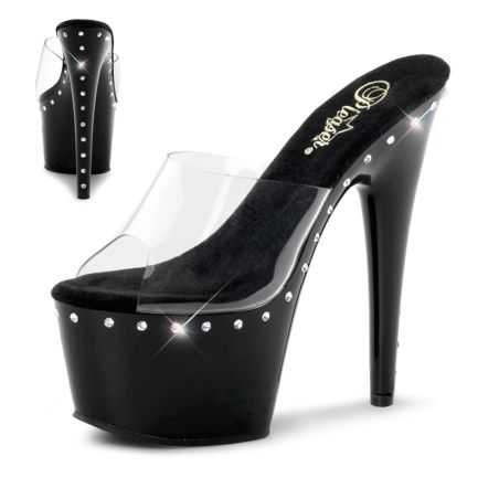 Mules transparentes à plateforme et talon ornés d'une ligne de strass argent talon 18 cm Pleaser ADORE-701LS