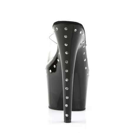 Mules épurées à très haut talon 18 cm souligné de strass argent pour capter la lumière