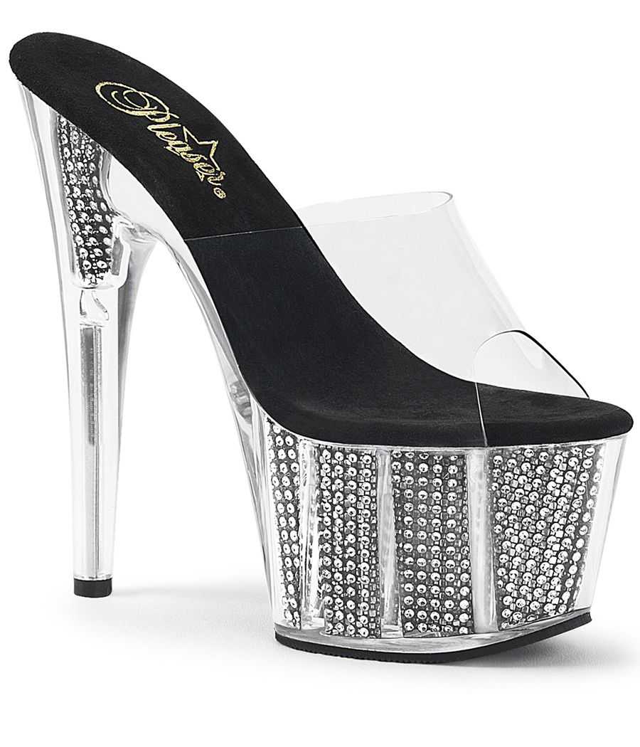 Mules transparentes à bride silicone et plateforme remplie de strass argent talon 18 cm Pleaser ADORE-701SRS Mules transparentes à bride silicone et plateforme remplie de strass argent talon 18 cm Pleaser ADORE-701SRS