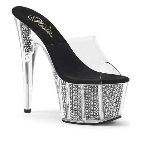 Mules transparentes à bride silicone et plateforme remplie de strass argent talon 18 cm Pleaser ADORE-701SRS