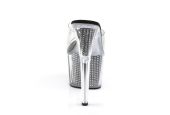 Mules épurées à très haut talon 18 cm et plateforme transparente incrustée de strass captant la lumière Mules épurées à très haut talon 18 cm et plateforme transparente incrustée de strass captant la lumière