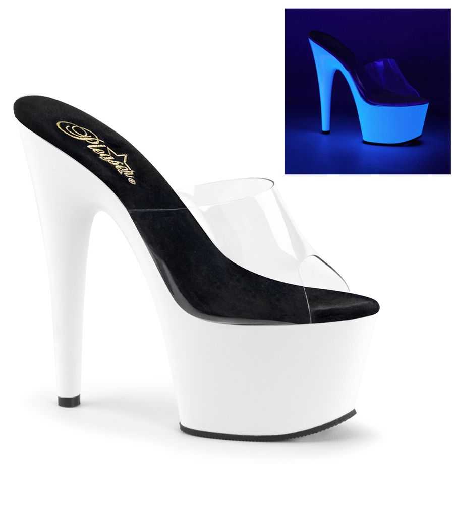 Mules transparentes à bride silicone et plateforme néon réactive à la lumière noire UV talon 18 cm Pleaser ADORE-701UV Mules transparentes à bride silicone et plateforme néon réactive à la lumière noire UV talon 18 cm Pleaser ADORE-701UV