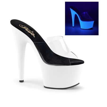 Mules transparentes à bride silicone et plateforme néon réactive à la lumière noire UV talon 18 cm Pleaser ADORE-701UV
