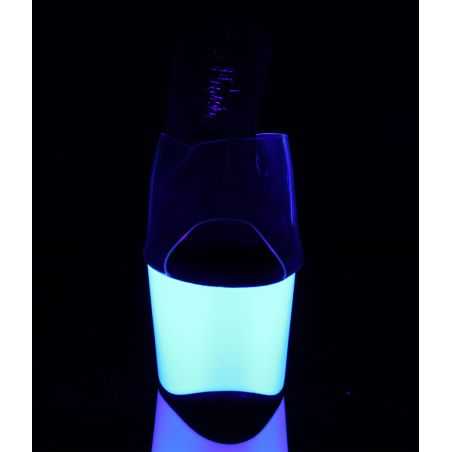 Mules à bande translucide en silicone et semelle compensée fluo lumineuse sous éclairage noir