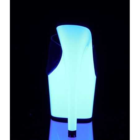 Mules épurées à très haut talon 18 cm et plateforme néon hautement visuelle sous lumière ultraviolette