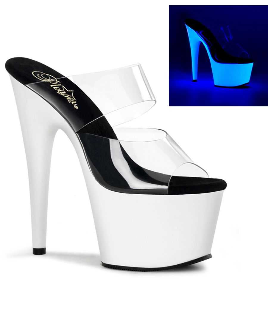 Mules à deux brides transparentes et plateforme blanche néon réactive UV talon 18 cm Pleaser ADORE-702UV Mules à deux brides transparentes et plateforme blanche néon réactive UV talon 18 cm Pleaser ADORE-702UV