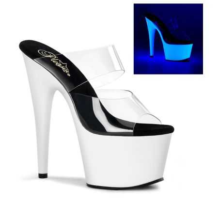 Mules à deux brides transparentes et plateforme blanche néon réactive UV talon 18 cm Pleaser ADORE-702UV