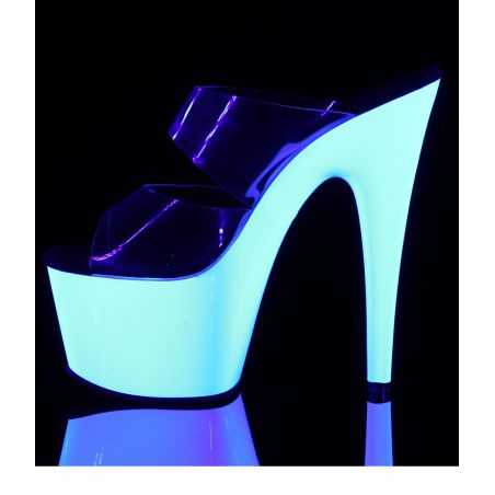 Mules blanches réactives aux UV Pleaser offrant un maintien renforcé pour le pole dance, la scène et les clubs