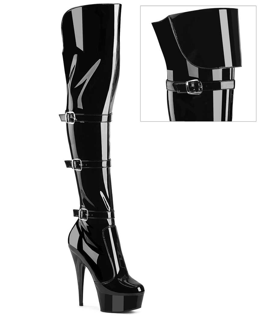 botte-noire-vernie-au-dessus-du-genou-triple-brides-ajustables-15cm-pleaser-delight-3018