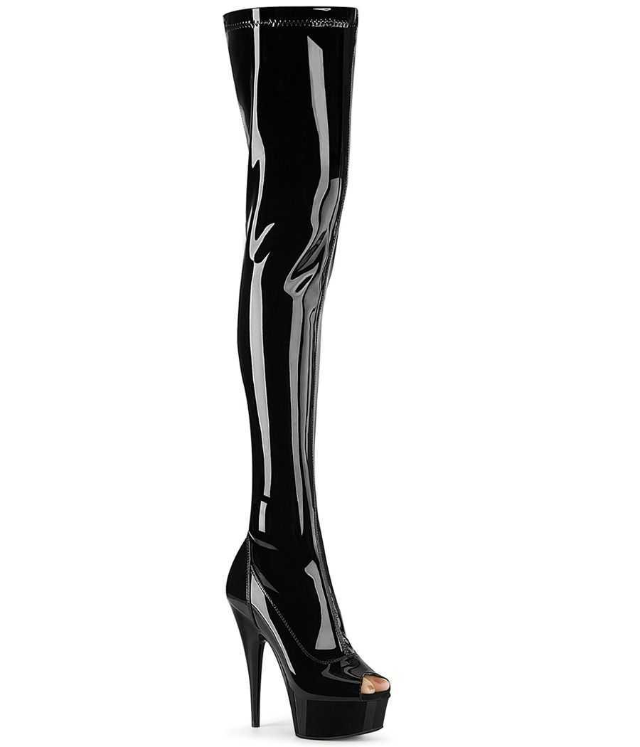 cuissarde-noire-vernie-stretch-bout-ouvert-peep-toe-ajustement-moulant-15cm-pleaser-delight-3011