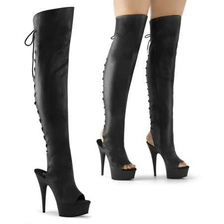 botte-noire-mate-simili-cuir-vegan-lacets-arriere-bout-et-talon-ouverts-15cm-pleaser-delight-3019
