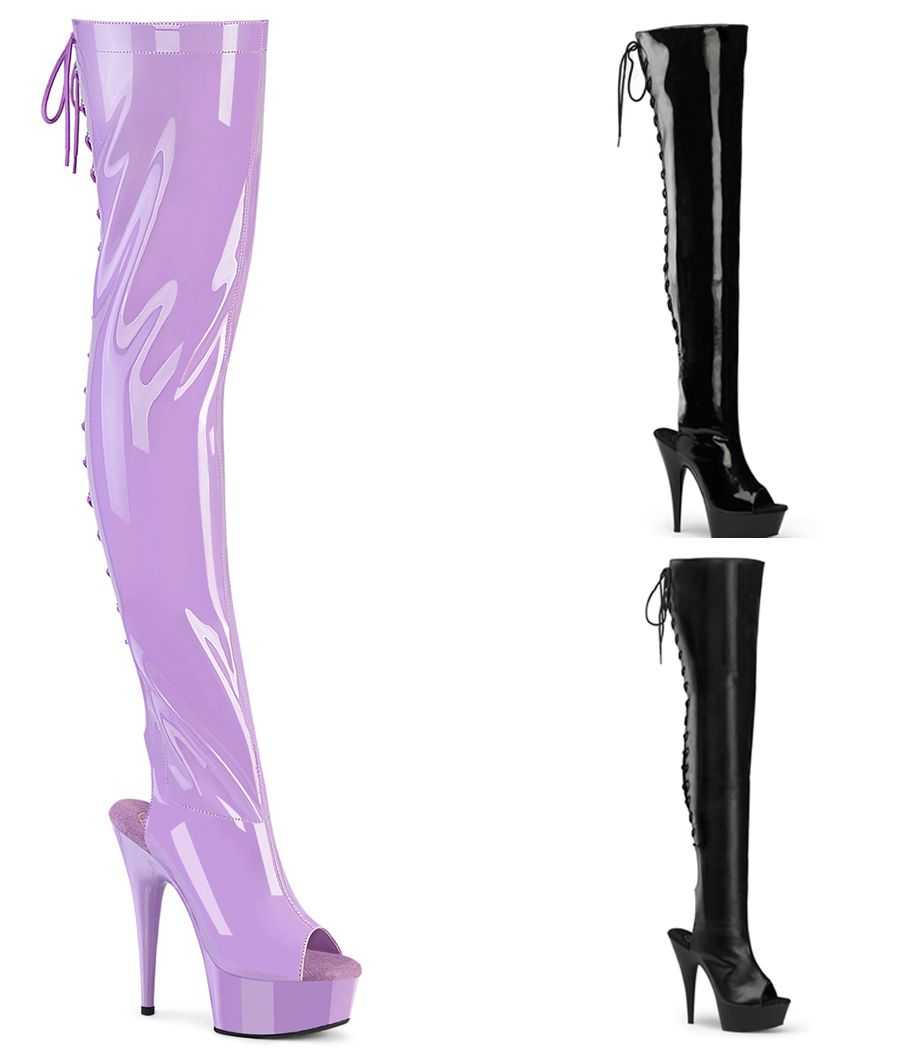 cuissarde-haute-noir-mat-vernis-noir-lavande-laçage-arriere-bout-et-talon-ouverts-15cm-pleaser-delight-3017