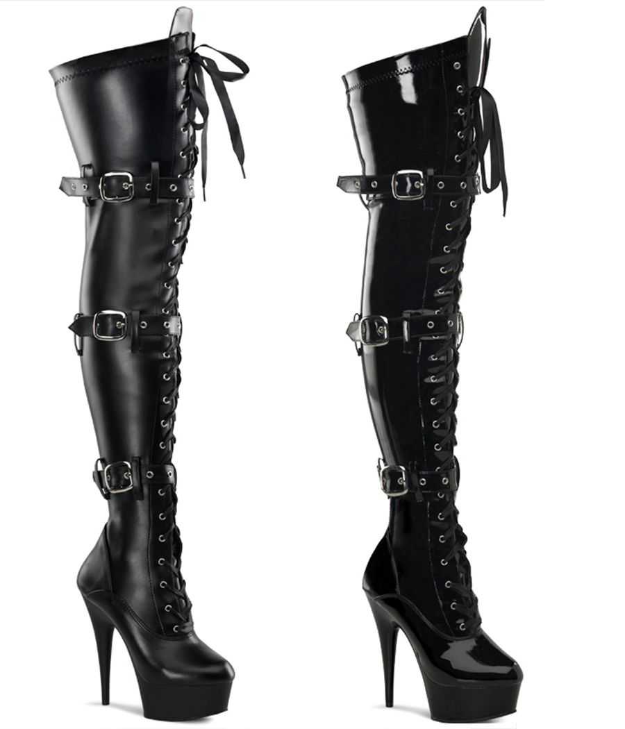cuissarde-haute-noir-mat-et-vernis-laçage-rubans-triple-brides-boucles-argentées-15cm-pleaser-delight-3028