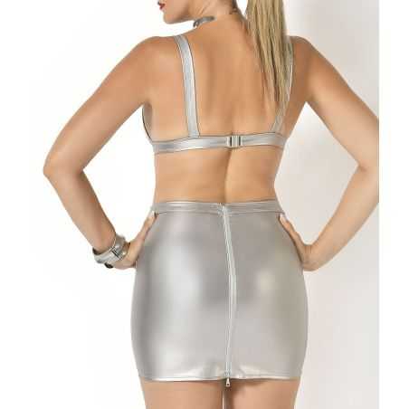 Jupe courte métallisée cyber chic en faux cuir argenté