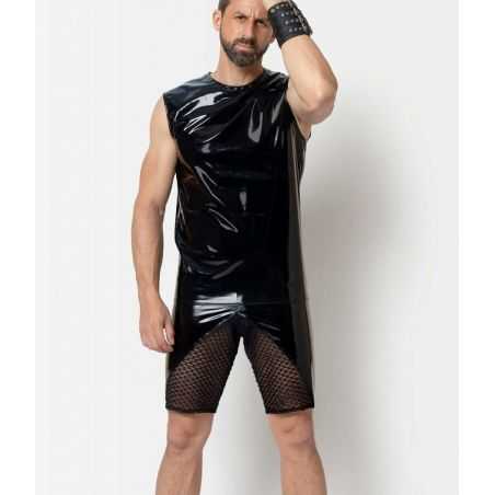Tenue homme rock et fétiche chic débardeur vinyle noir Soren Patrice Catanzaro