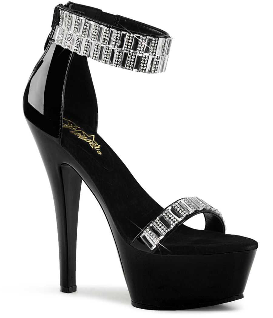 Sandale à plateforme noire Pleaser KISS-269RS avec talon fermé, ornée de strass et de miroirs.
