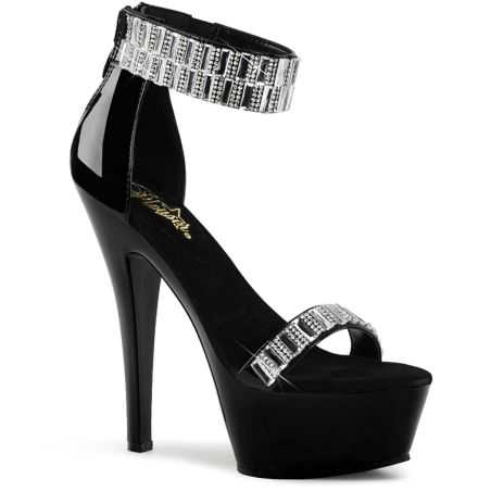Sandale à plateforme noire Pleaser KISS-269RS avec talon fermé, ornée de strass et de miroirs.